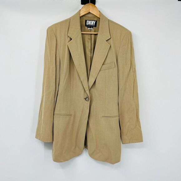 DKNY Blazer Jacket Tan Single Breasted Long Sleeve Wool Blend Womens Size 8 - Picture 1 of 9